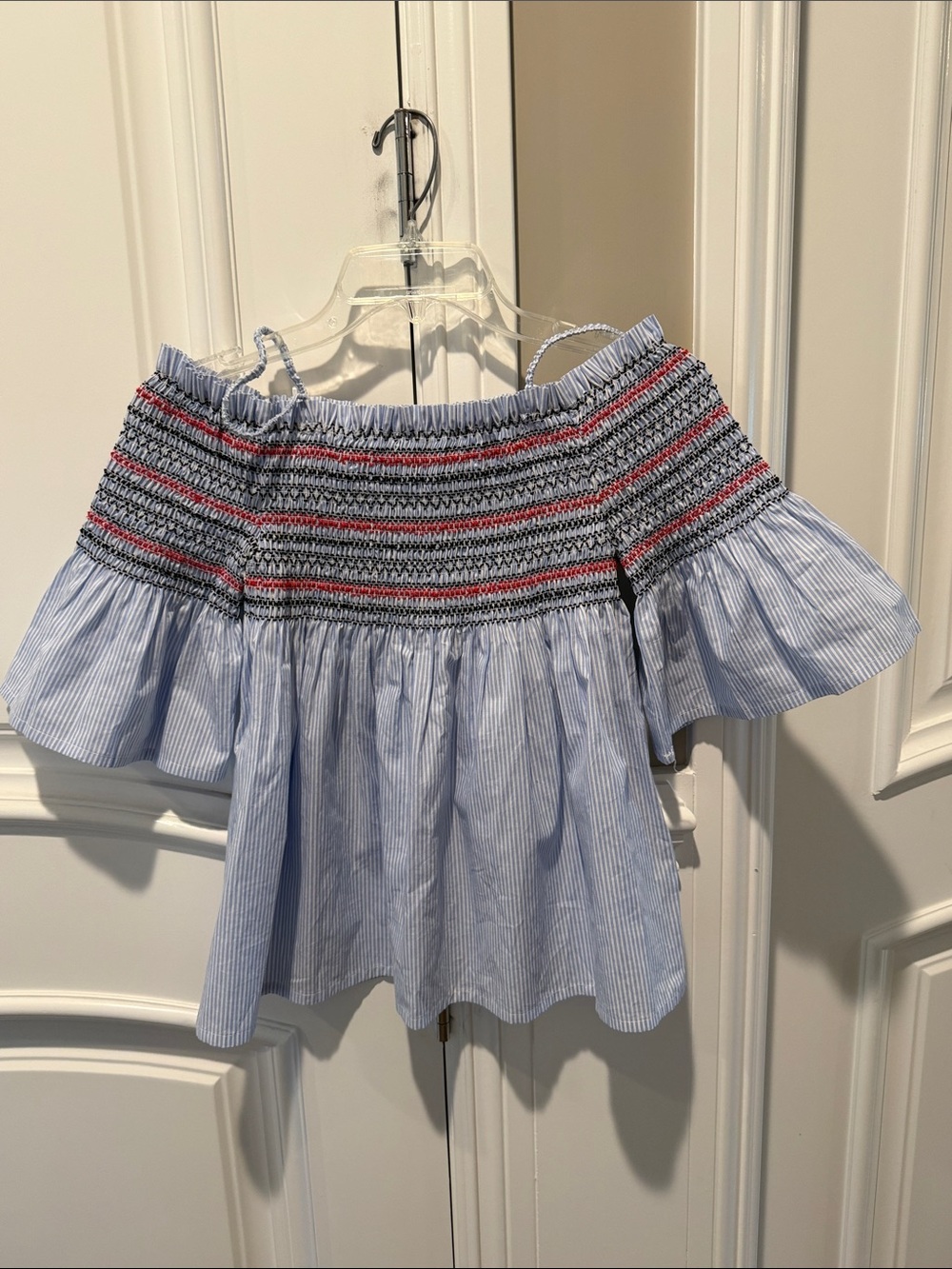 Blue Striped Off-Shoulder Smocked Shirt